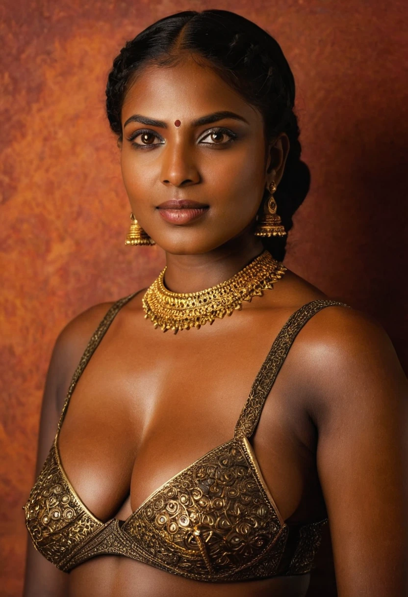 (( kerala ancient dark black goddess))), (((mundu-mulakacha))) ,(((dark skinned goddess))) cinematic nature portrait,(((full Body))), (((very dark skinned curvy body))), (((age 10+))), (((((very dark nipple and areola))))) (((plus size voluptuous))), (((huge busty big massive dark boobs))), (((triangle shape body))), (((ancient traditional devi attire))),((kerala ornaments, gems, diamond,Nose Stud)), ((Hourglass body)), photorealistic,photo, realism, Getty Images, RAW candid cinema, 16mm, colour graded portra 400 film, remarkable colour, ultra realistic, textured skin, remarkable detailed pupils, realistic dull skin noise, visible dark skin detail, skin fuzz, dry skin, shot with cinematic,light leaks, RAW Image, DOF, depth of field, High-resolution detail capturing the natural texture of the skin, including pores, fine lines, and natural highlights and shadows, Emphasize a natural, healthy glow, showcasing the beauty of real dark skin, A graceful, confident posture with a gentle smile or a serene expression