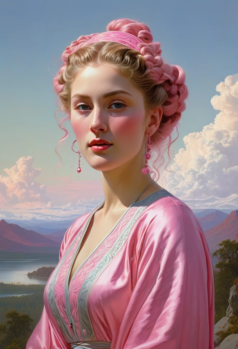 designed by frederic edwinchurch, landscape art, hdrerotic, slender, intricate details, intricate background running, she has high cheeks, she is dressed in a dull thobe that was forged bycola, it is sensual, pink hairstyle, earbuds, illustration, lustful