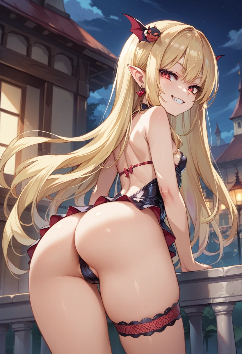 Score_9, score_8_up, 4k, 8k, detailed face, source_anime, smug vampire girl with small breasts, young girl, skimpy outfit, ass, pert ass, thick thighs, presenting ass, blonde hair, long hair, young slut, (geewhy),