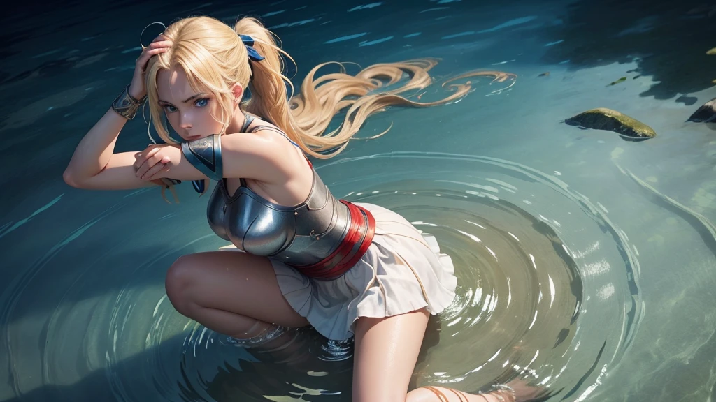 ultra high quality, a female knight is kneeling in shallow water, water ripples around her. She raises her arms and with open hands, blonde hair tied to a ponytail wit a red ribbon, blue eyes