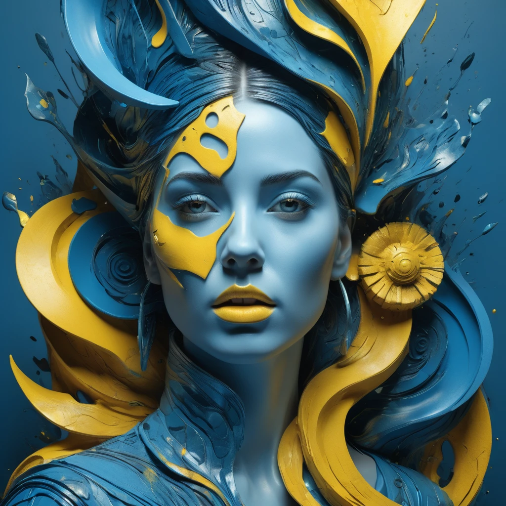 Woman with fear and uncertainty, artistically arranged elements, high relief textured, mostly blue tones and yellow details, photoRealismo, 8k, 4D