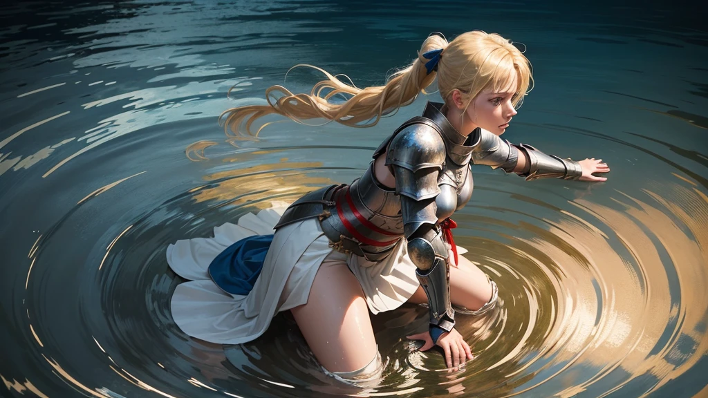 ultra high quality, a female knight is kneeling in shallow water, water ripples around her. She raises her arms and with open hands, blonde hair tied to a ponytail wit a red ribbon, blue eyes
