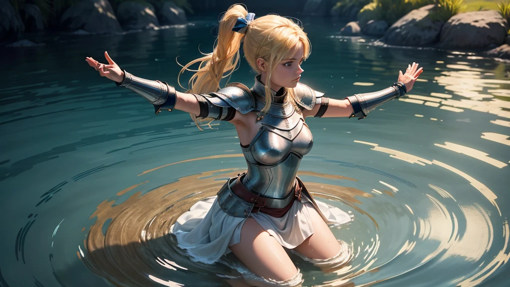 ultra high quality, a female knight is kneeling in shallow water, water ripples around her. She raises her arms and with open hands, blonde hair tied to a ponytail wit a red ribbon, blue eyes