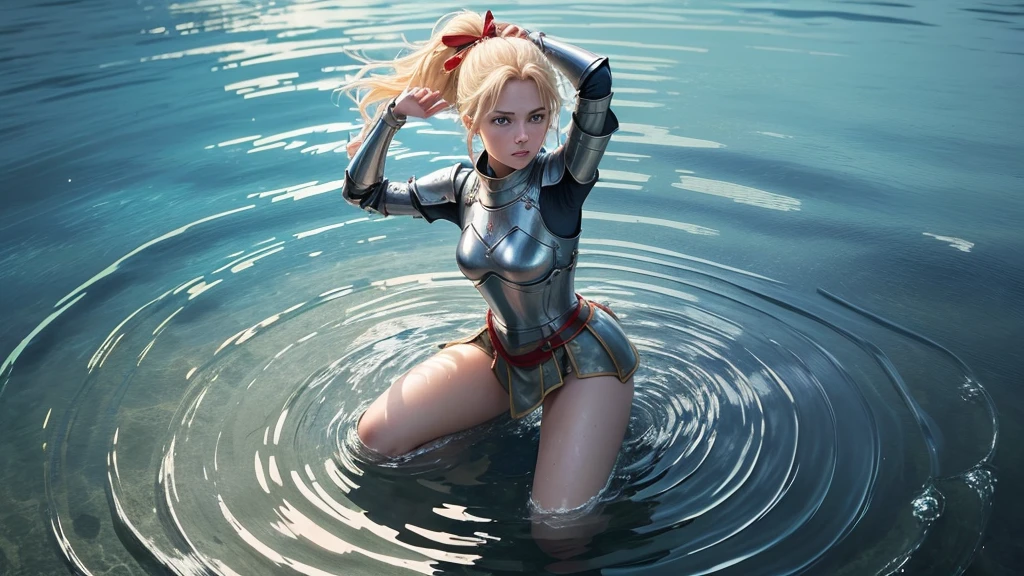 ultra high quality, a female knight is kneeling in shallow water, water ripples around her. She raises her arms and with open hands, blonde hair tied to a ponytail wit a red ribbon, blue eyes