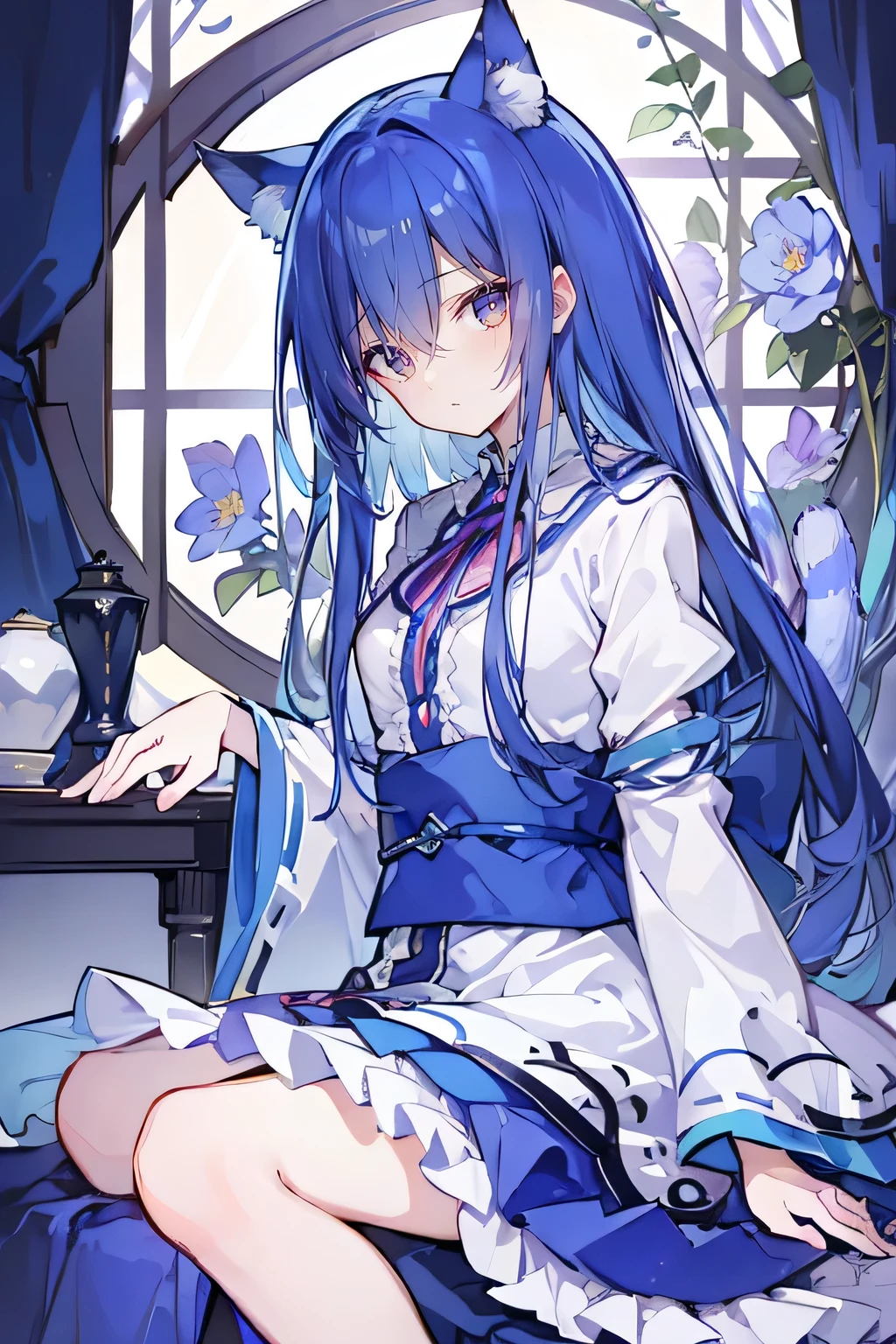 (Masterpiece:1.2)，Ultra-detailed，lifelike，The eyes are expressive，Fair skin，Perfect face shape，1 girl，Japanese Manga，Gorgeous blue hair，Flowing blue hair，Flowing clothes，Cat ears，Petals falling，Shy face，sitting on window，Place your hand on your lips.