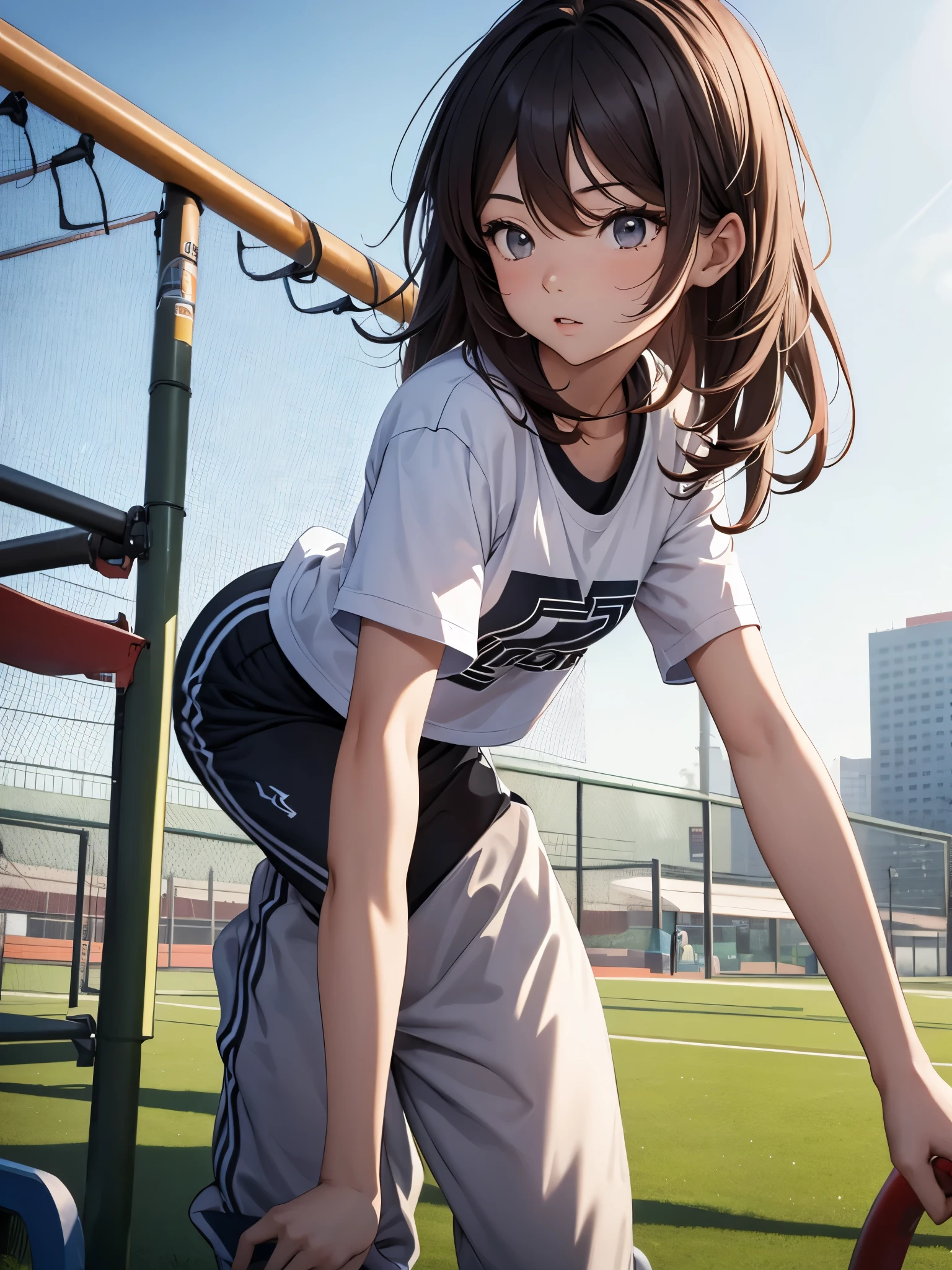 (Hu tao), 1girl, as an athlete, wearing a sports t-shirt and pants, at a playground , 8k, high detailed, high quality