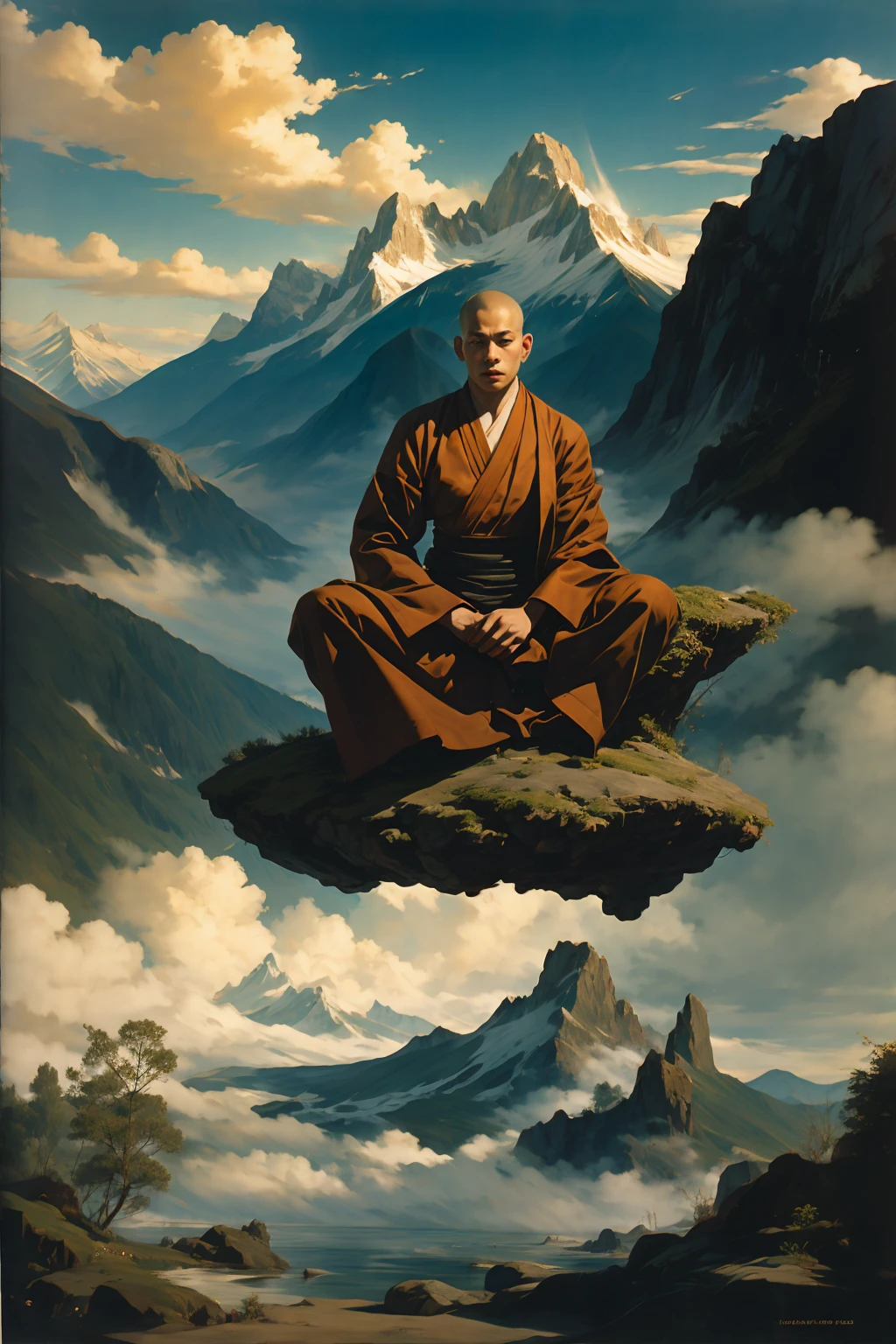 A monk mediating sitting, sky, mountains, fog, symmetry and balance