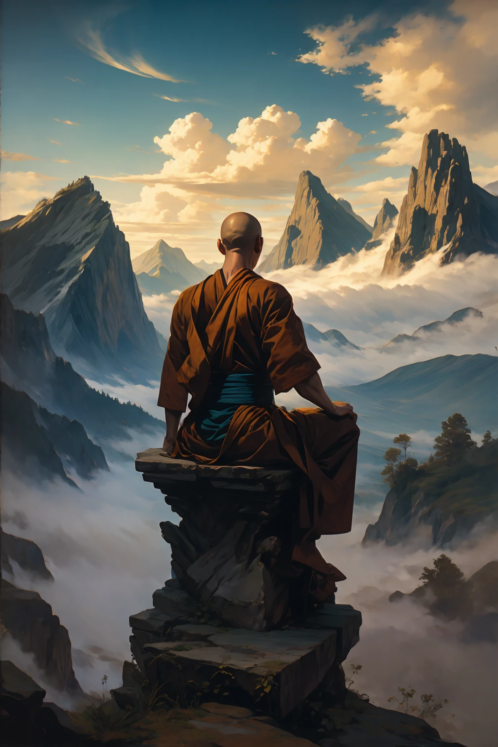 A monk mediating sitting, sky, mountains, fog, symmetry and balance