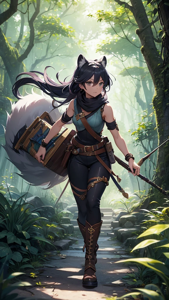 (masterpiece), best quality, expressive eyes, perfect face, perfect body, fitness body, brown eyes, walking, boots, full body view
Here's a description of a raccoon girl warrior and a setting for an adventure:
Appearance: Kaito has soft, fluffy fur with a mix of gray, black, and white markings, resembling a raccoon's distinctive coat. Her eyes shine with a mischievous glint, and she wears a small, playful smile. She has a lean, athletic build, perfect for agility and quick movements. Her hair is a wild tangle of black locks, often adorned with small, colorful trinkets and feathers.
Attire: Kaito wears a practical outfit suitable for archery and exploration - a sleeveless leather tunic, flexible pants, and sturdy boots. Her quiver is made from a beautifully crafted wooden raccoon mask, symbolizing her connection to her raccoon heritage.
Abilities: Kaito is an expert archer, using her agility and quick reflexes to dodge attacks and strike from unexpected angles. She can also communicate with raccoons and other small animals, using their keen senses to gather information and track targets.
Setting: The adventure takes place in the mystical Forest of Whispers, a dense, vibrant woodland filled with ancient trees, hidden ruins, and mythical creatures. The forest is home to the legendary Golden Acorn, a treasure said to grant immense wisdom and power to its possessor. However, the forest is also rumored to be cursed, causing many adventurers to lose their way and never return.
Kaito's quest begins in the small village of Oakwood, where rumors of the Golden Acorn's location have drawn her and many other adventurers. With her trusty bow and raccoon allies, Kaito must navigate the treacherous forest, overcome challenges, and face rival treasure hunters to claim the Golden Acorn and uncover the secrets of the Forest of Whispers.