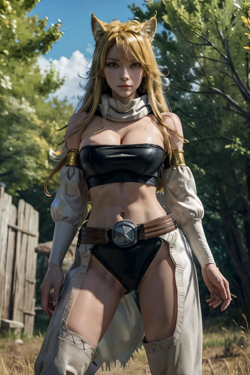 masterpiece, best quality, highres, aaleone, long hair, animal ears, large breasts, cleavage, white scarf, bare shoulders, bandeau, detached sleeves, midriff, belt, black panties, pants, knee boots, animal hands, claws, outdoors, standing