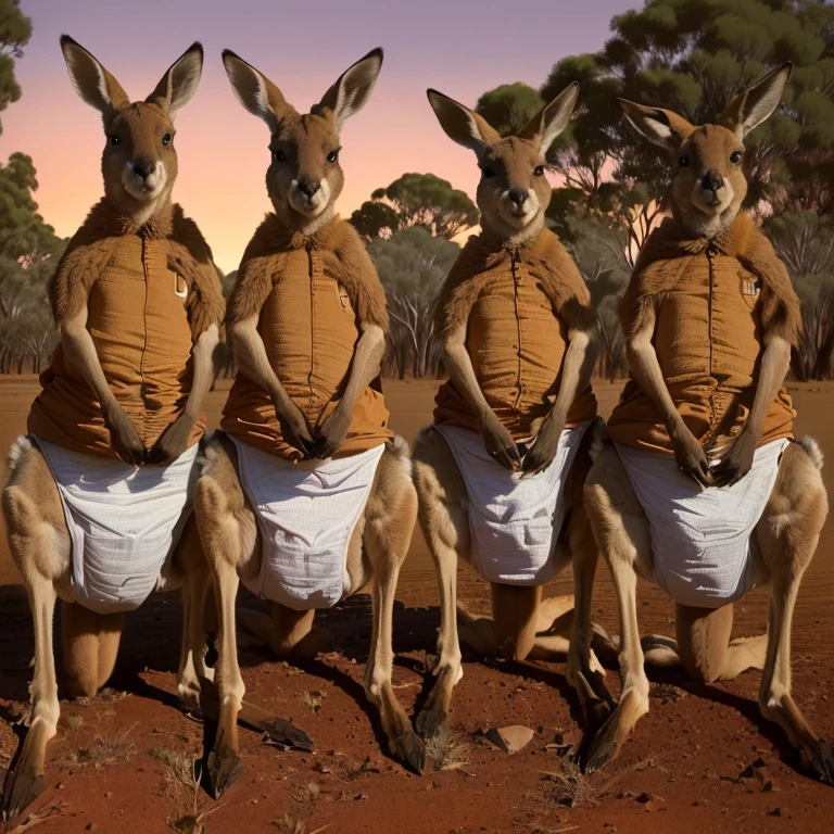 three kangaroos in diapers are standing on the ground, kangaroos, subject: kangaroo, subject : kangaroo, spy kangaroo, kangaroo, in the australian outback, on a hot australian day, trending ,, in the australian desert, australian, australia, in australia, long necks, by Lee Loughridge, by Glen Angus, portrait shot, by Peter McArdle, many legs