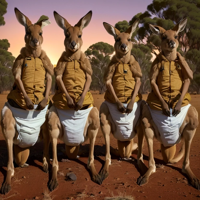 three kangaroos in diapers are standing on the ground, kangaroos, subject: kangaroo, subject : kangaroo, spy kangaroo, kangaroo, in the australian outback, on a hot australian day, trending ，, in the australian desert, australian, australia, in australia, long necks, by Lee Loughridge, by Glen Angus, portrait shot, by Peter McArdle, many legs