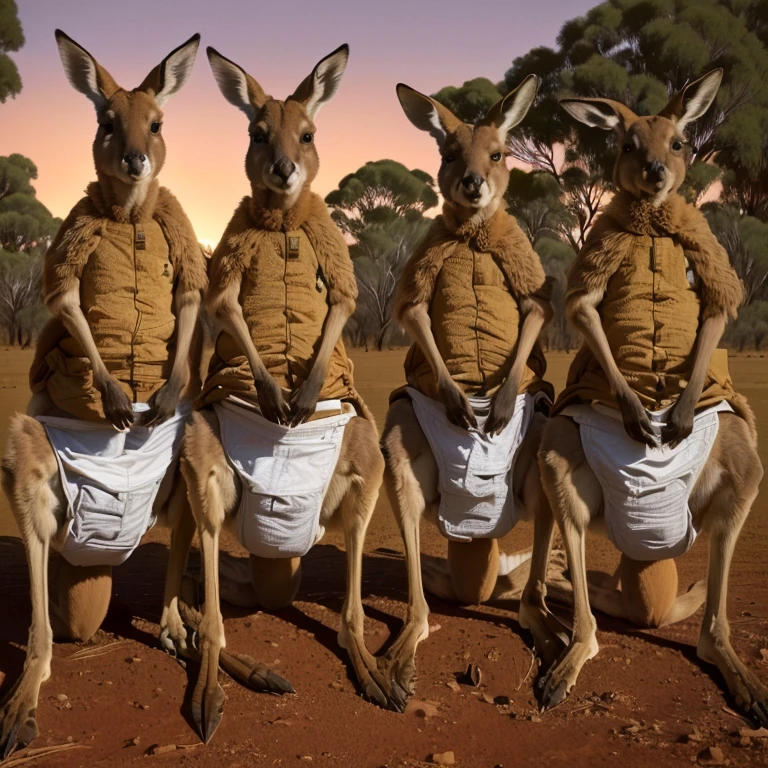 three kangaroos in diapers are standing on the ground, kangaroos, subject: kangaroo, subject : kangaroo, spy kangaroo, kangaroo, in the australian outback, on a hot australian day, trending ,, in the australian desert, australian, australia, in australia, long necks, by Lee Loughridge, by Glen Angus, portrait shot, by Peter McArdle, many legs