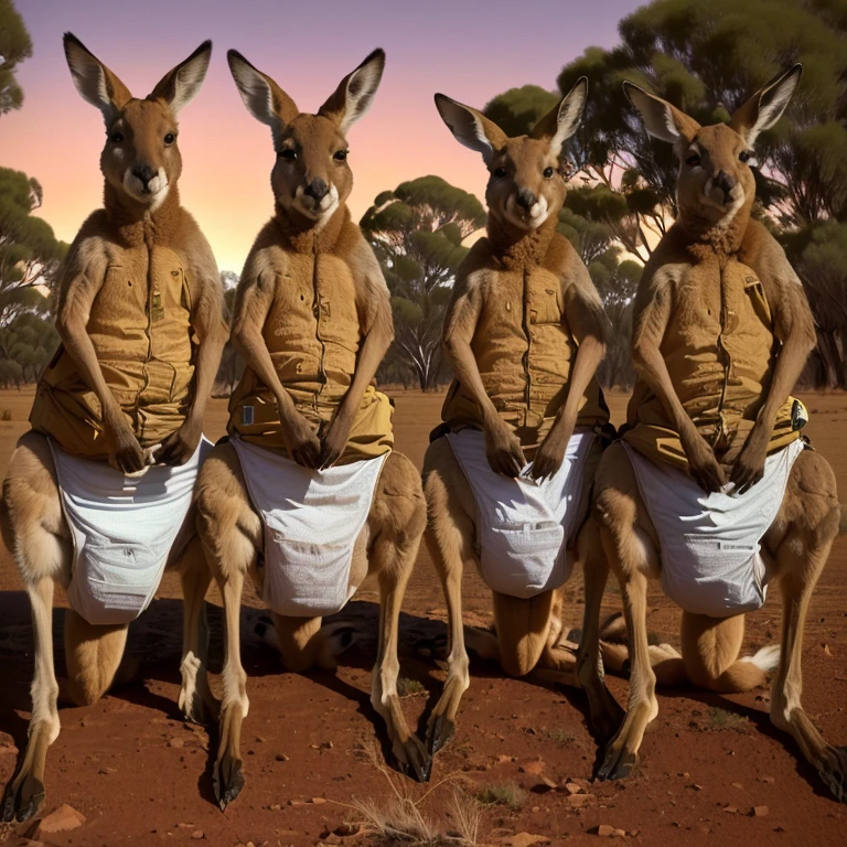 three kangaroos in diapers are standing on the ground, kangaroos, subject: kangaroo, subject : kangaroo, spy kangaroo, kangaroo, in the australian outback, on a hot australian day, trending ，, in the australian desert, australian, australia, in australia, long necks, by Lee Loughridge, by Glen Angus, portrait shot, by Peter McArdle, many legs