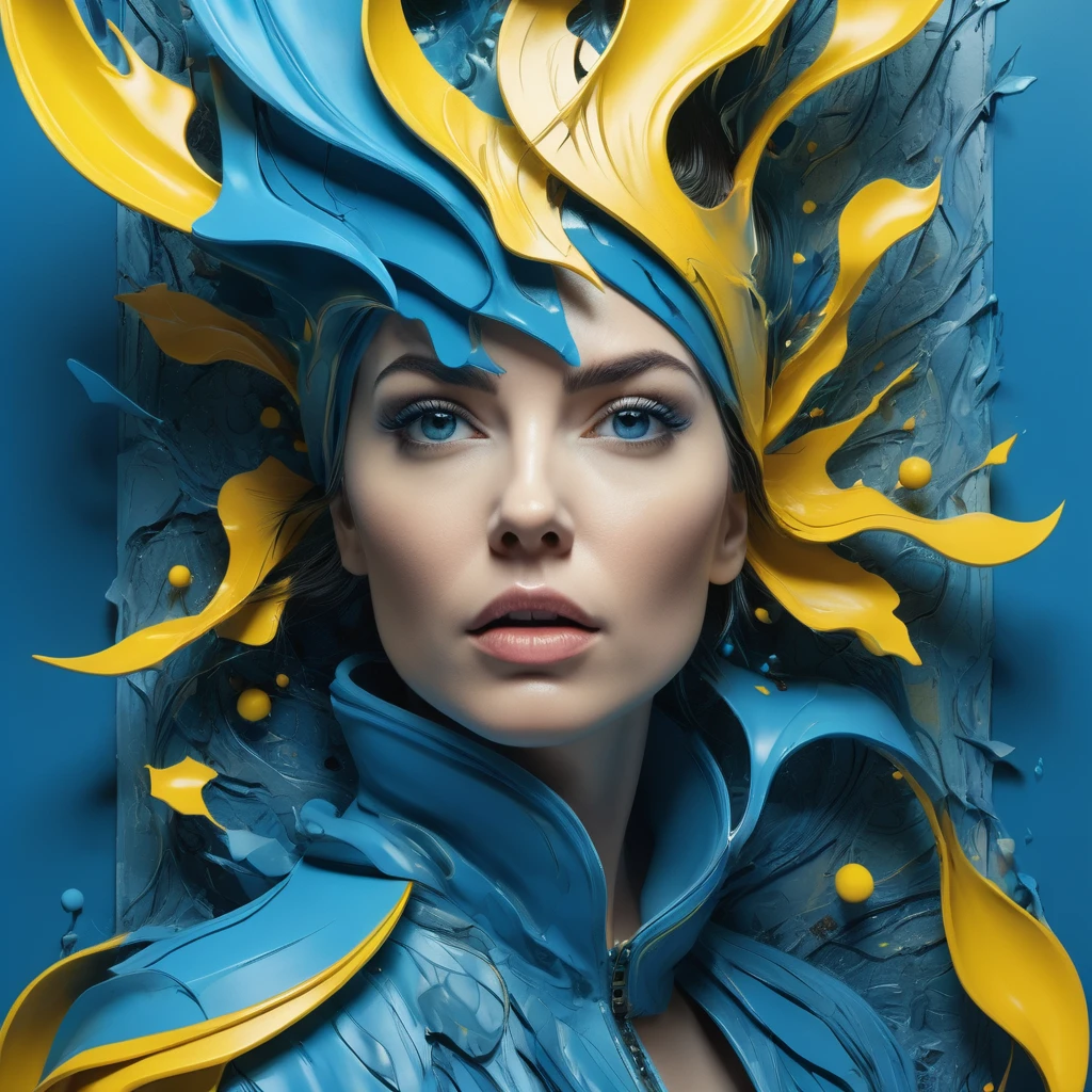 Woman with fear and uncertainty, artistically arranged elements, comic frame, high relief textured, mostly blue tones and yellow details, photoRealismo, 8k, 4D