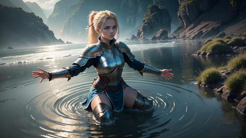 a female knight kneeling in shallow water, water ripples around her, raising arms with open hands looking up, blonde hair tied in ponytail with red ribbon, beautiful detailed blue eyes, hyper realistic, photorealistic, masterpiece, highly detailed, 8k, ultra-detailed, cinematic lighting, dramatic, epic fantasy, fantasy art, concept art, digital art, vibrant colors, moody lighting