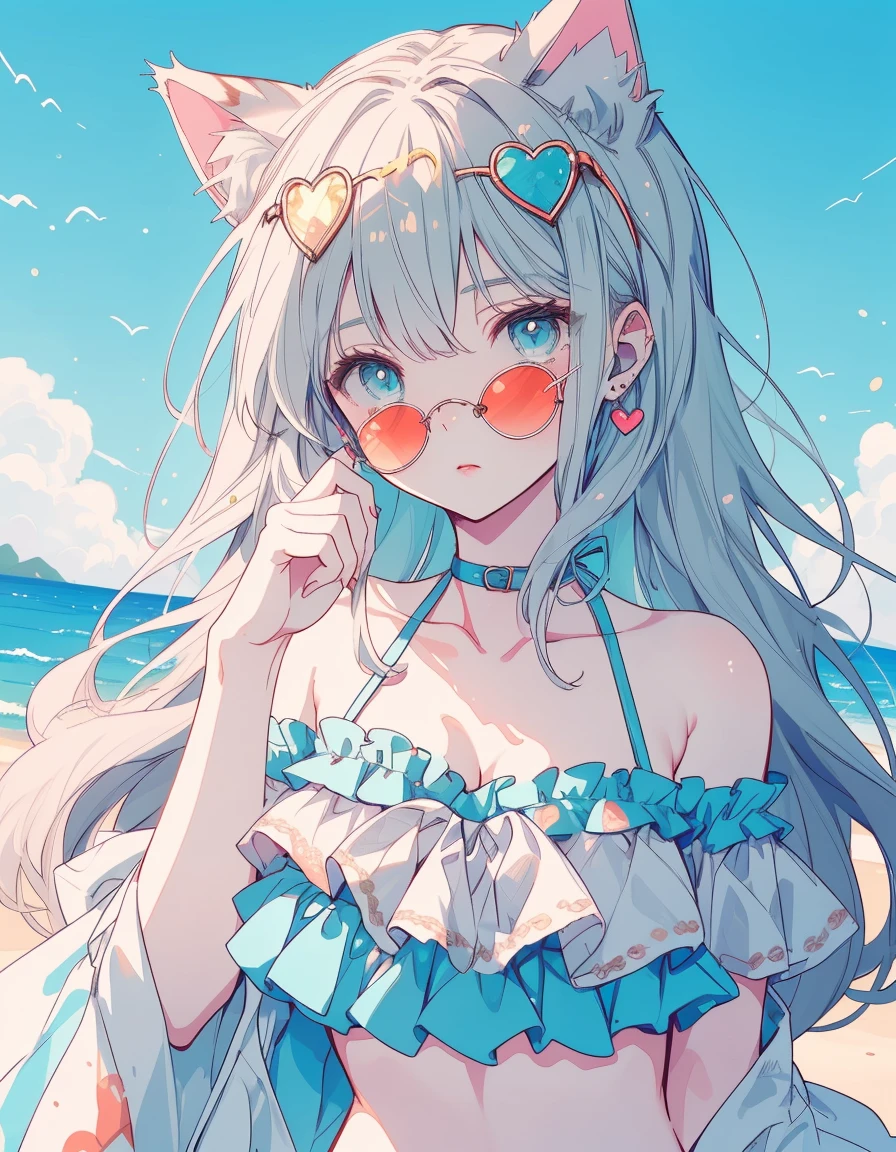 frill bikini, swim suits, sunglasses, heart sign, ((masterpiece, best quality:1.5)), ((Beautiful detailed cat aqua eyes:1.2)), cat ears, pale skin, medium breasts, beautiful hands, beautiful fingers, EasyNegative