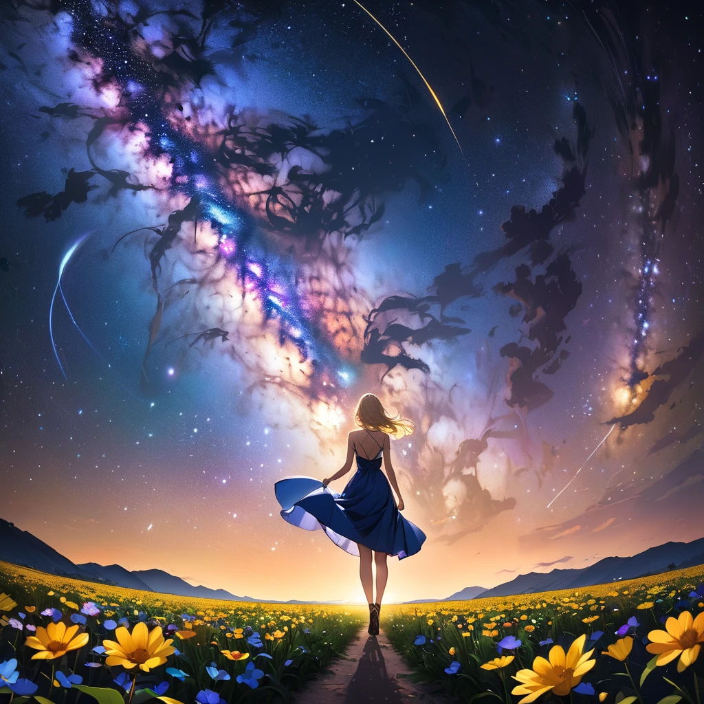 (Highest quality、masterpiece)、One Girl、Full Body Shot、Back view, stop temporarily、particle、Wind、flower、blonde、milky way、5ｍTake the lead、