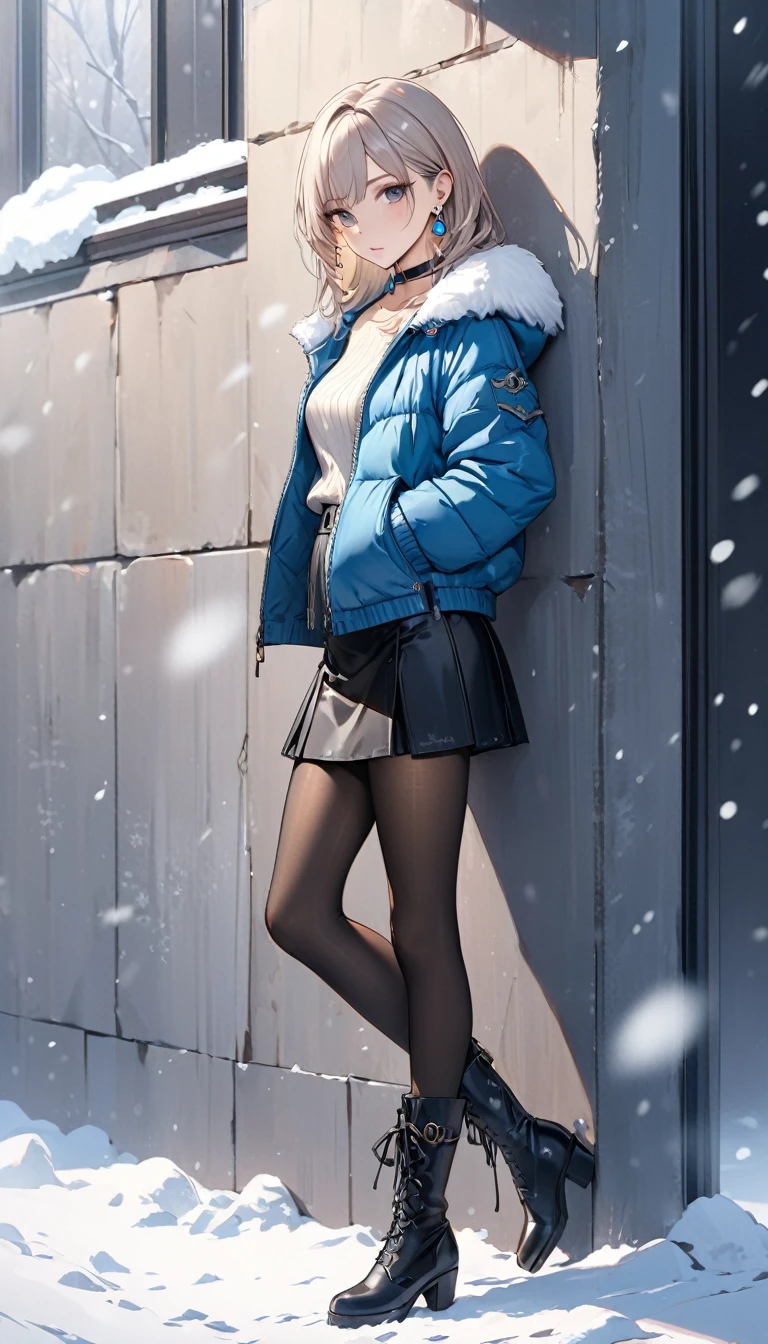 Highest quality, wonderful_delicate, beautiful, 8k, Jacket, Earrings, choker, concept,whole body,Leaning against a wall,Watch the viewer with a sideways glance,Ultra mini skirt,Black Pantyhose,Knee-high boots,winter,Snow is falling