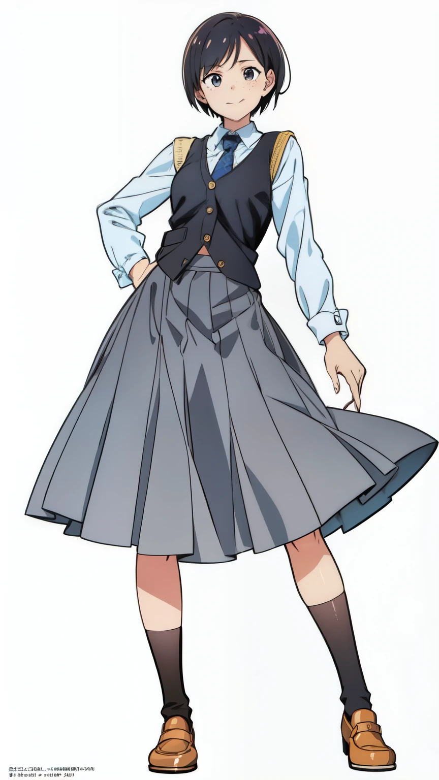 (white background:1.0), (best quality:1.0), (masterpiece:1.0), (super fine illustration:1.0), (beautiful artwork:1.0), (anime screencap:1.0), (official art:1.0), (solo:1.0), (a 20yo cute girl:1.0), (long skirt:1.0), (gray skirt:1.0), (pleated skirt:1.0), (khaki knit vest:1.0), (white long sleeve collared shirt:1.0), (dark blue necktie:1.0), (loafers:1.0), (black socks:1.0), (ideal ratio body proportions:1.0), (lanky:1.0), (tall:1.0), (slender:1.0), (small breasts:1.0), (smaller face:1.0), (freckles:1.0), (cheerful:1.0), (detailed beautiful eyes:1.0), (detailed beautiful face:1.0), (glowing black eyes:1.0), (very short hair:1.0), (swept bangs:1.0), (black hair:1.0), (standing:1.0), (looking at viewer:1.0)