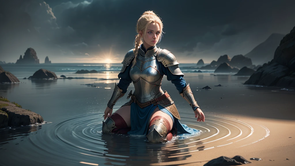 a female knight kneeling in shallow water, water ripples around her, raising arms with open hands looking up, blonde hair tied in ponytail with red ribbon, beautiful detailed blue eyes, hyper realistic, photorealistic, masterpiece, highly detailed, 8k, ultra-detailed, cinematic lighting, dramatic, epic fantasy, fantasy art, concept art, digital art, vibrant colors, moody lighting