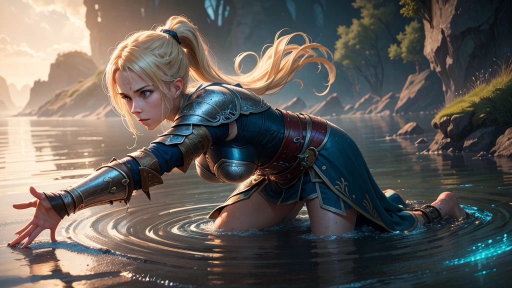 a female knight kneeling in shallow water, water ripples around her, raising arms with open hands looking up, blonde hair tied in ponytail with red ribbon, beautiful detailed blue eyes, hyper realistic, photorealistic, masterpiece, highly detailed, 8k, ultra-detailed, cinematic lighting, dramatic, epic fantasy, fantasy art, concept art, digital art, vibrant colors, moody lighting