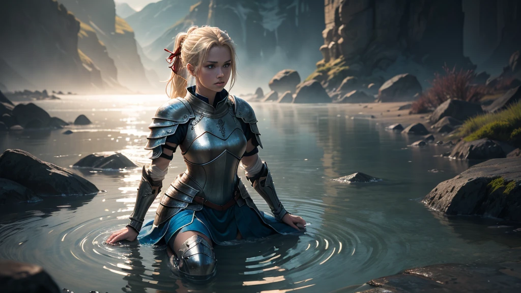 a female knight kneeling in shallow water, water ripples around her, raising arms with open hands looking up, blonde hair tied in ponytail with red ribbon, beautiful detailed blue eyes, hyper realistic, photorealistic, masterpiece, highly detailed, 8k, ultra-detailed, cinematic lighting, dramatic, epic fantasy, fantasy art, concept art, digital art, vibrant colors, moody lighting