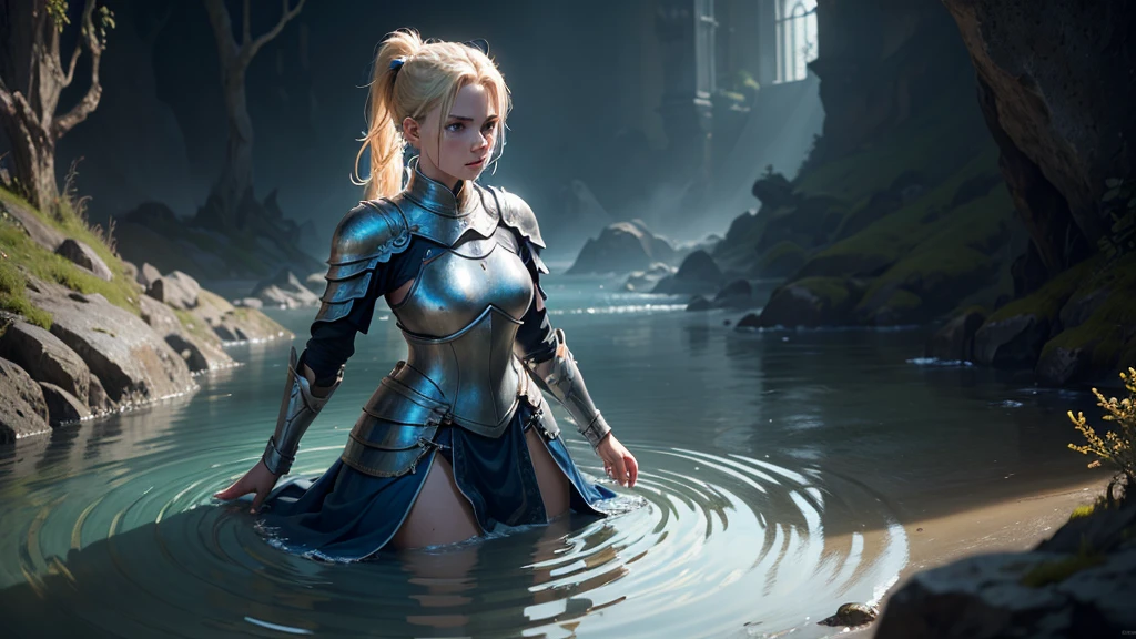 a female knight kneeling in shallow water, water ripples around her, raising arms with open hands looking up, blonde hair tied in ponytail with red ribbon, beautiful detailed blue eyes, hyper realistic, photorealistic, masterpiece, highly detailed, 8k, ultra-detailed, cinematic lighting, dramatic, epic fantasy, fantasy art, concept art, digital art, vibrant colors, moody lighting