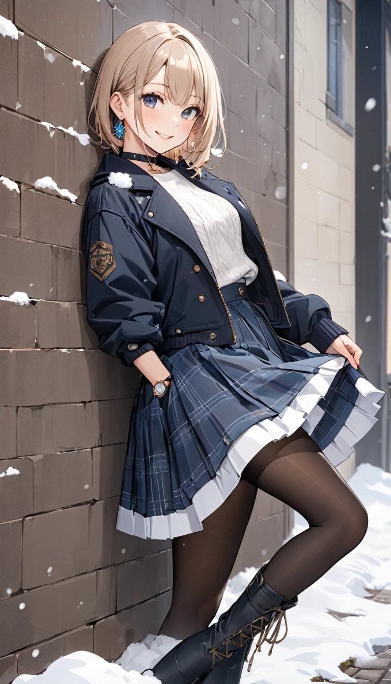Highest quality, wonderful_delicate, beautiful, 8k, Jacket, Earrings, choker, concept,whole body,Smile,A happy smile,Leaning against a wall,Watch the viewer with a sideways glance,skirt,skirt lift,skirtをたくし上げる,Black Pantyhose,Knee-high boots,winter,Snow is falling