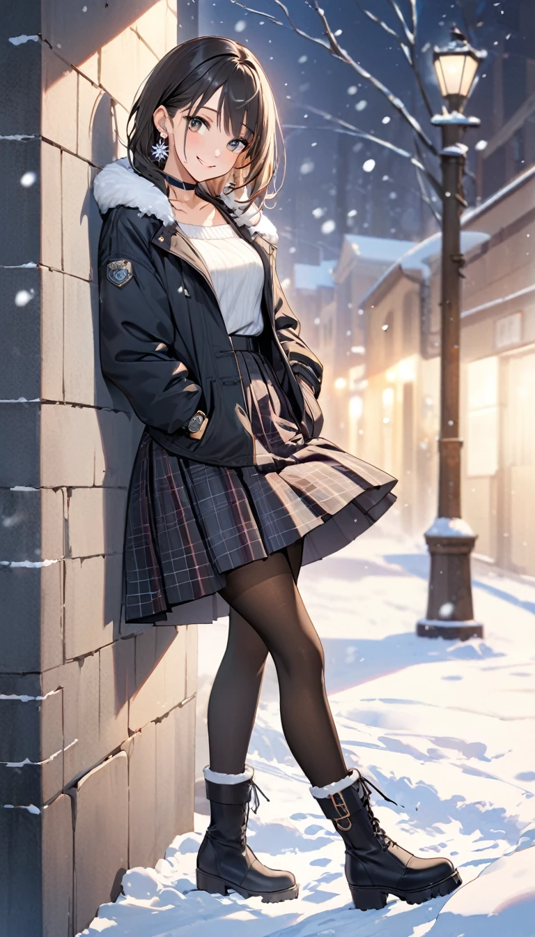 Highest quality, wonderful_delicate, beautiful, 8k, Jacket, Earrings, choker, concept,whole body,Smile,A happy smile,Leaning against a wall,Watch the viewer with a sideways glance,skirt,skirt lift,skirtをたくし上げる,Black Pantyhose,Knee-high boots,winter,Snow is falling