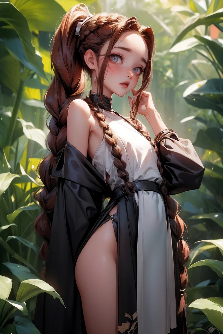 ((best quality)), ((masterpiece)), (detailed), 1girl, (big forhead:1.2),extremely detailed cute anime face, (((flat chest))), (flat chest:1.1),((((long twin braids,tight braids,long braid,braided hair,long hair)))),intricate eyes,beautiful detailed eyes,symmetrical eyes,(((detailed face))),beautiful detailed lips, looking at this, (((embarrassed))),(horrified expression),(panic),(crying),highres,(best quality),(ultra detailed,extremely detailed),perfect face details, ((masterpiece:1.4, best quality))+, (ultra detailed)+, long twintails, cute girl, (flat chest:1.1), small breasts, slim body, skinny, (narrow hips), prominent collarbones, skinny arms, flat stomach, visible hip bones, long hair, red hair, white hair, blonde hair, dark hair, ponytail, thick ponytail, heavy ponytail, small breasts, perfect face, small breasts (flat chest:1.1), NSFW, long revealing gown,Detailed body,Full limbs,(from behind), (turning), NSFW, (flat chest:1.1), wild environment, jungle, nature