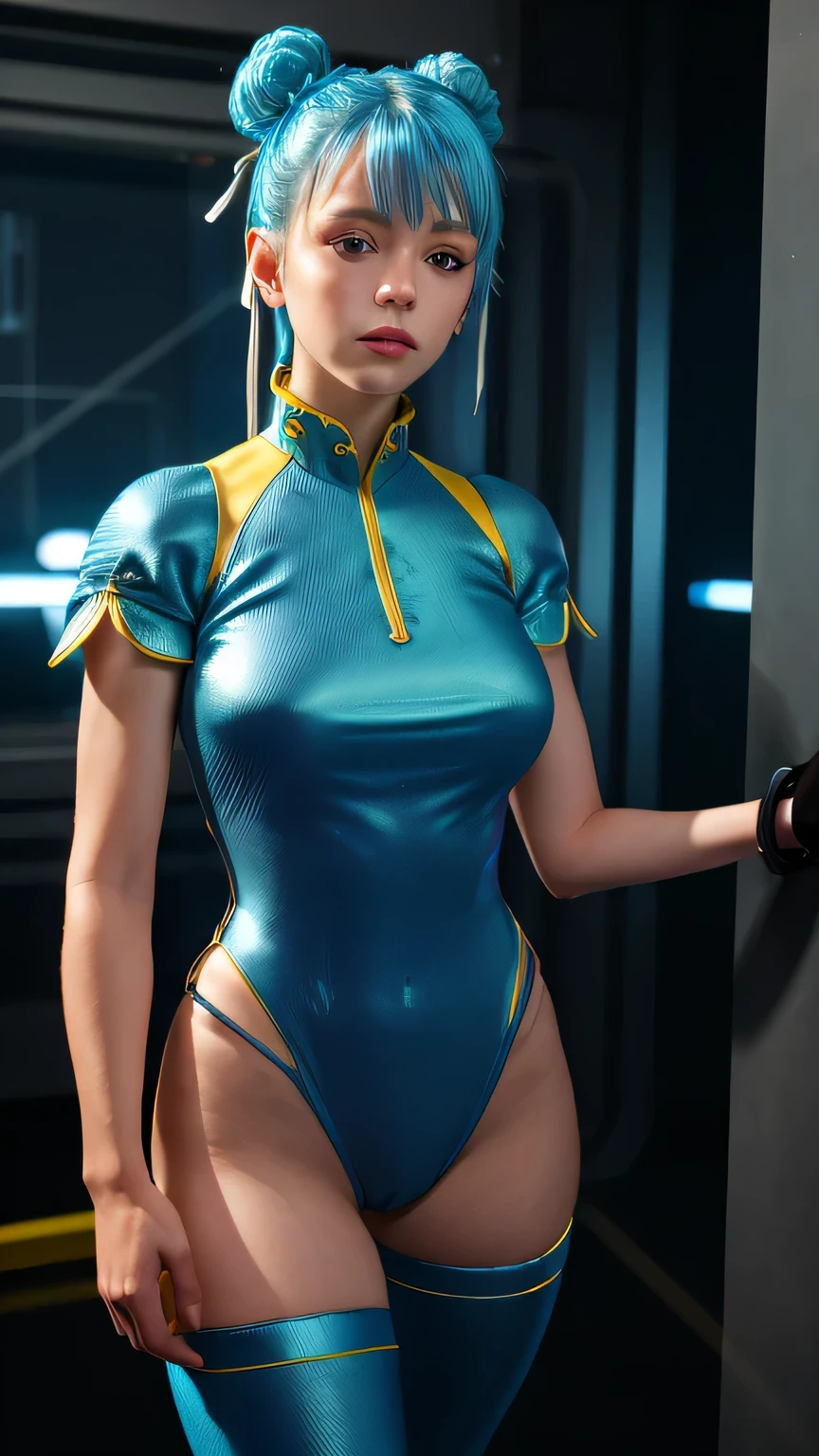 (((masterpiece))), (((best quality))), ((ultra-detailed)), (highly detailed CG illustration), ((an extremely delicate and beautiful)), cinematic light,((1girl)), solo, (upper body), (character focus), absurdres, high contrast, extreme detailed,colorful,highest detailed, science fiction, nanosuit, high ponytail, (light blue hair), yellow eyes, knee boots, (spacecraft interior), mechanical limbs, large breasts, metal wire,