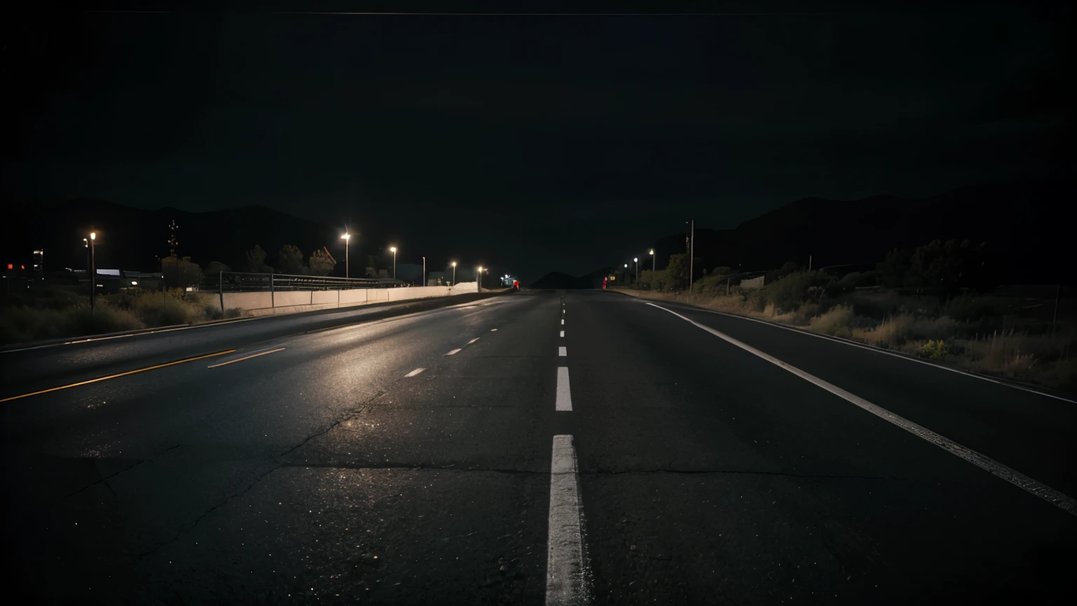 storyboard, black and gray, black background, dark dawn, highway, asphalt tracks advancing towards a dark horizon, open space with sparse vegetation, realistic, photorealistic, photorealistic:1.37, best quality, 4k, 8k, high resolution, masterpiece:1.2, ultra detailed, cinematic lighting, dramatic composition, dark atmosphere, somber colors, cool tones, detailed textures, volumetric lighting