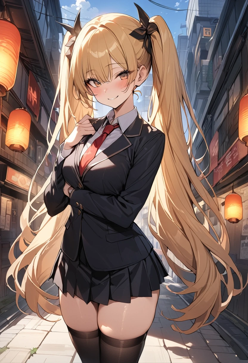 ((masterpiece,best quality anime,Highest quality:1.3)),cowboy shot,Mature Beauty,Female Wizard、独奏,1woman,((very small head:1.3)),((ideal ratio body proportions:1.2)),blonde hair,high twin tails,straight long hair,bangs,gorgeous eyes,brown eyes,smile,(School uniform、Black blazer jacket、Red tie、Black pleated mini skirt),black_thighhighs,black hair ties,((slender body,skinny)),medium breasts,gleaming skin,shiny skin,Use magic、Flame balls at your fingertips、standing,on street,Shibuya、Tokyo、A modern magical fantasy world、