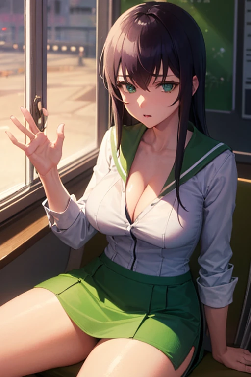 sitting in class with crossed legs, facial expression full of lust, wearing a very mini green skirt, wearing a school shirt with a green collar with wide open cleavage, has a beautiful body, curvaceous, sexy, the atmosphere in the private class is quiet, lighting a little sky blue