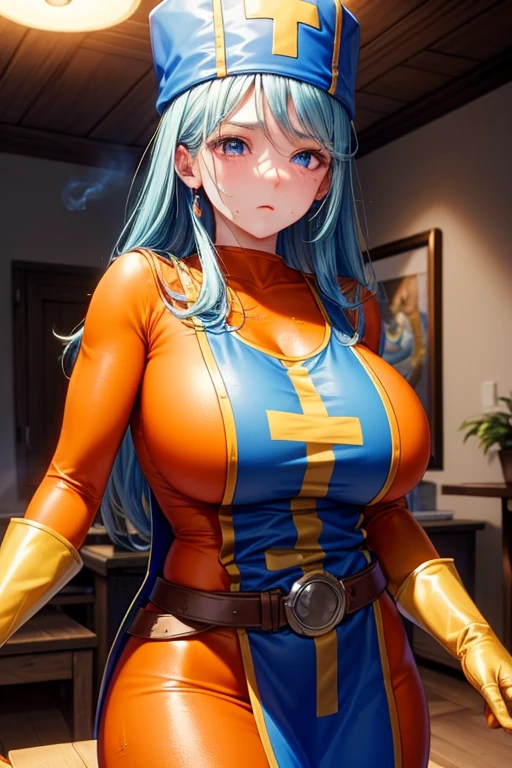 masterpiece, Highest quality,  Unreal Engine,  Super Resolution,  Very detailed, 

Beautiful woman, Dragon Quest Female Monk, long sky blue hair, Blue priest hat, ((Orange bodysuit)), friend, ((Tabard)), Elbow-length gloves, Vivid expression, Healthy Body, Beautifully detailed sweat glands, Smooth skin texture, Carefully drawn, 

(humidity:1.5), (Lewd Scent:1.5), Beautiful Eyes, (Attractive face:1.2), (Beautiful Skin), Tight waist, (Big Breasts), Round Breasts, (Sticky with sweat), Irresistibly sexy pose, 

In the world of Dragon Quest, ((In a room filled with the smoke of aphrodisiac incense)), 