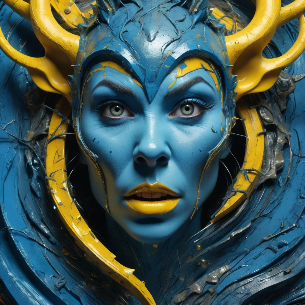 Ratwoman with fear and uncertainty, scared, artistically arranged elements, comic frame, high relief textured, mostly blue tones and yellow details, photoRealismo, 8k, 4D