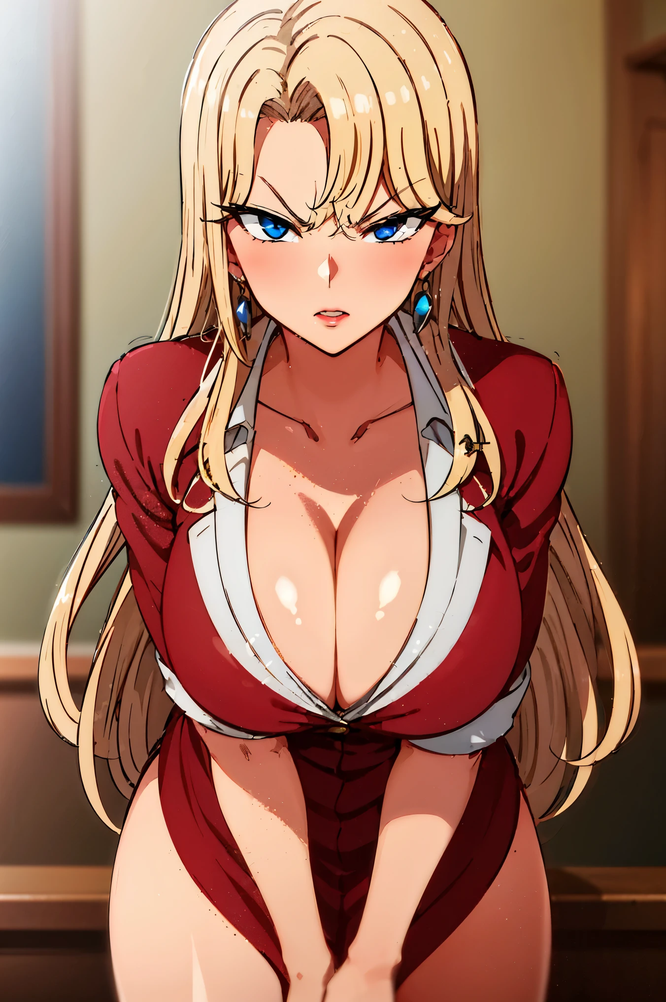 (masterpiece:1.4),(best quality:1.4), blonde hair, red dress Reika Kurashiki, blonde hair, blue eyes, large breasts,jewelry, parted lips, makeup, angry, cleavage