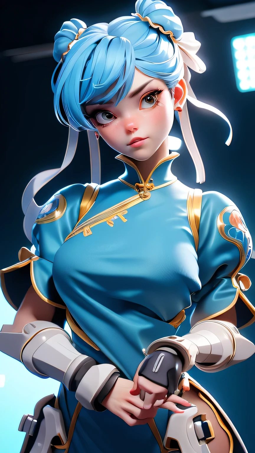 (((masterpiece))), (((best quality))), ((ultra-detailed)), (highly detailed CG illustration), ((an extremely delicate and beautiful)), cinematic light,((1girl)), solo, (upper body), (character focus), absurdres, high contrast, extreme detailed,colorful,highest detailed, science fiction, nanosuit, high ponytail, (light blue hair), yellow eyes, knee boots, (spacecraft interior), mechanical limbs, large breasts, metal wire,