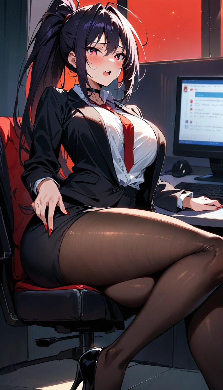 akeno,fullbody, perfect body, detailed face, detailed eyes,sexy,high res,high quality, masterpiece, office uniform,sitting on office chair, office,very sexy,large breasts,black shining heels,open mouth, embarrassed ,blush,top quality,(best quality,4k,8k,highres,masterpiece:1.2),ultra-detailed,portrait, ??????, sensual, voluptuous, glowing skin, detailed facial features, alluring gaze, cinematic lighting, rich colors, dramatic shadows,red nails,look from high, side view,sexy,look from side,black skirt,black pantyhose,white shirt,black jacket,red tie, choker , looking from high, elegant, elegantly sitting,sfw,sits by the office, ?????????