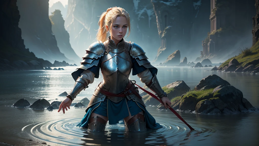 a female knight kneeling in shallow water, water ripples around her, raising arms with open hands looking up, blonde hair tied in ponytail with red ribbon, beautiful detailed blue eyes, hyper realistic, photorealistic, masterpiece, highly detailed, 8k, ultra-detailed, cinematic lighting, dramatic, epic fantasy, fantasy art, concept art, digital art, vibrant colors, moody lighting