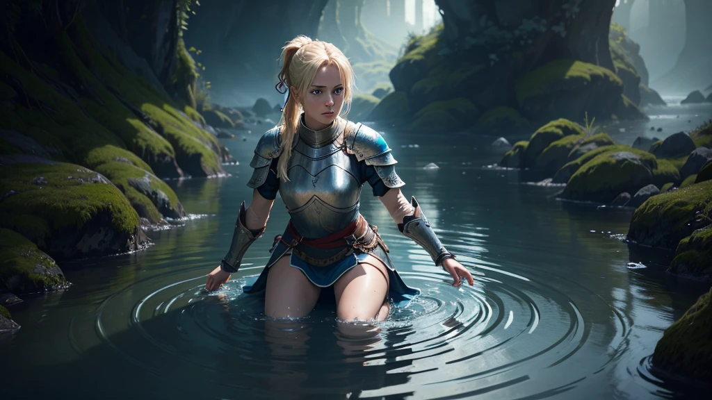 a female knight kneeling in shallow water, water ripples around her, raising arms with open hands looking up, blonde hair tied in ponytail with red ribbon, beautiful detailed blue eyes, hyper realistic, photorealistic, masterpiece, highly detailed, 8k, ultra-detailed, cinematic lighting, dramatic, epic fantasy, fantasy art, concept art, digital art, vibrant colors, moody lighting