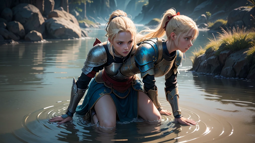 a female knight kneeling in shallow water, water ripples around her, raising arms with open hands looking up, blonde hair tied in ponytail with red ribbon, beautiful detailed blue eyes, hyper realistic, photorealistic, masterpiece, highly detailed, 8k, ultra-detailed, cinematic lighting, dramatic, epic fantasy, fantasy art, concept art, digital art, vibrant colors, moody lighting