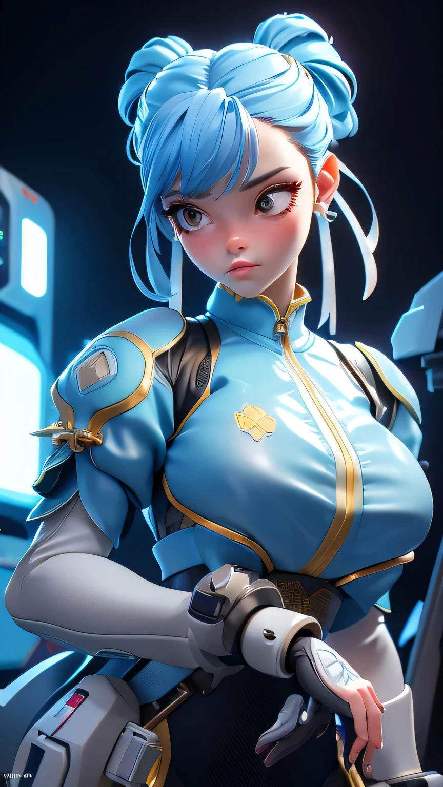 (((masterpiece))), (((best quality))), ((ultra-detailed)), (highly detailed CG illustration), ((an extremely delicate and beautiful)), cinematic light,((1girl)), solo, (upper body), (character focus), absurdres, high contrast, extreme detailed,colorful,highest detailed, science fiction, nanosuit, high ponytail, (light blue hair), yellow eyes, knee boots, (spacecraft interior), mechanical limbs, large breasts, metal wire,