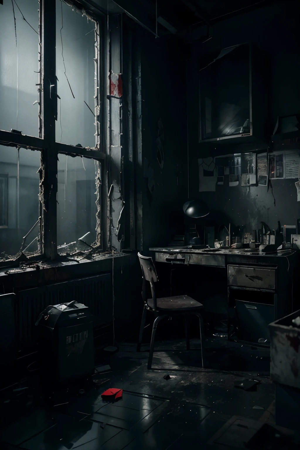 a dark and messy room, destroyed objects, broken lamps, blood splatters, window with broken glass, dark sky without stars, horror theme, scientific facilities room, 8k, high quality, hyper detailed, photorealistic, dramatic lighting, dark moody colors, gritty and grungy, cinematic composition, unsettling atmosphere