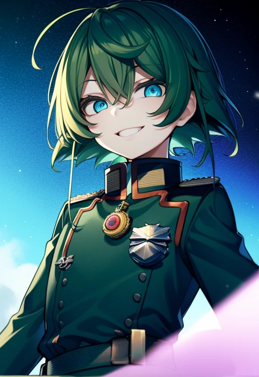 Degurechaff, military uniform, smile, teen, blue eyes, psychotic eyes, detailed face, vibrant colors, sharp focus, intense lighting, surrealistic atmosphere, wartime setting, magical elements