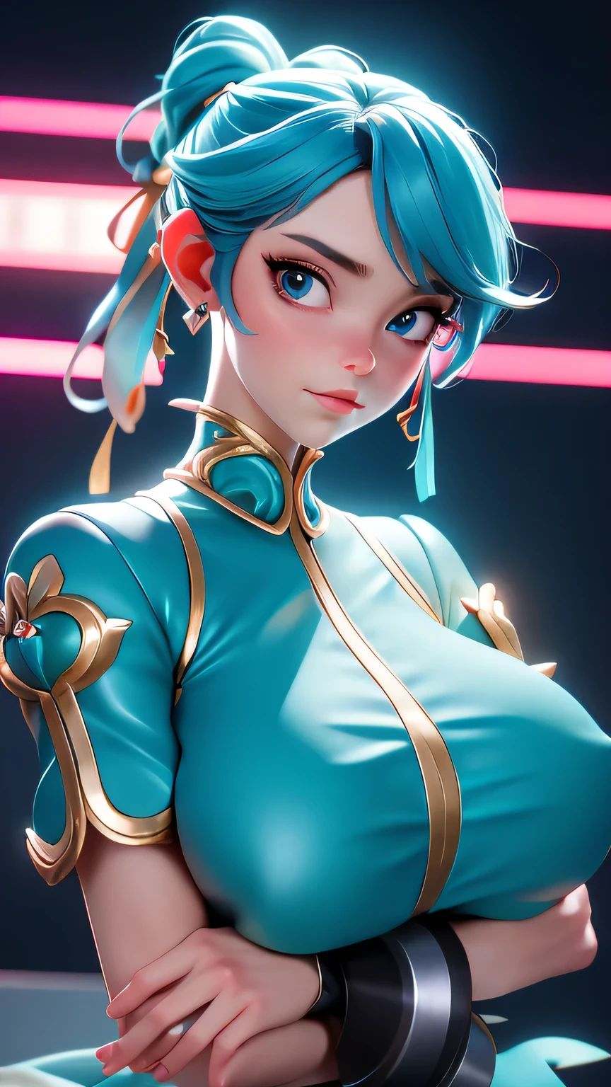(ultra realistic,32k, masterpiece:1.2),(high detailed skin:1.1),( 8k uhd, dslr, high quality:1.1), pneumadef,turquoise hair, ponytail, tiara,(turquoise eyes:0.9) earrings, chest jewel, armor, gloves, , huge breast, (looking at viewer, portrait:1.1),, ,(radiant:1.1), neural network hub, neural interface research facilities, brain-computer interfaces, mind uploading experiments, large breast, big breast