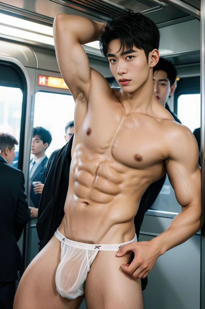 Amazing train scenery, in the middle of crowded inside the train, inside train on the background, crowded people, he wore a very small transparent thong covering half of his dick, dickprint, Sweat dripping all over the body, sweat covering all over the body, Full body photo, wearing Very tiny thong, Proudly showing off his sweaty very hairy armpits to audience in music concert area, completely naked just wearing thin Tiny white thong,  boy, very young boy, Ctic soft lighting illuminates a stunningly detailed and ultra-realistic handsome korean male supermodel, ultra messy curly hair, clear honey eyes, captivating perfect smile, sensual, hot man, insanely handsome, showing off his sweaty body, very sixpack muscular body build, slender, toned, full body, 8k, photography, masterpiece, detailed face, detailed eyes, sexy, beautiful abdomen and beautiful legs and a detailed big hard bulge, expression of ecstasy, excited, slim, detailed eyes and lips, sixpack and fit body. Image quality is of the highest standard, with ultra-detailed features and a realistic appearance. The colors are bright and vibrant, enhancing the overall aesthetic. The lighting is soft and natural, casting a soft glow on the boy, don't merge body's