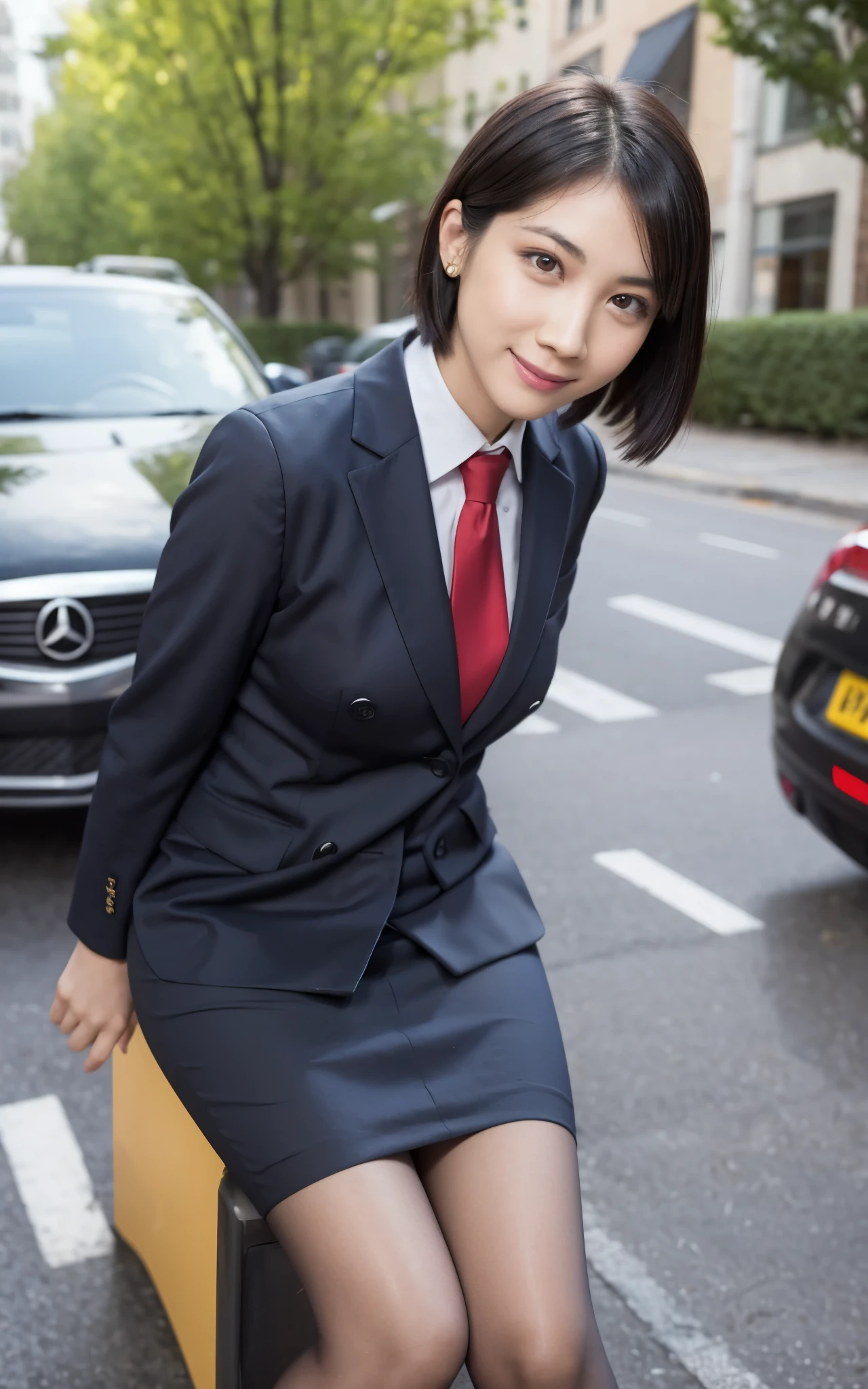 girl, Hyper Realistic, masterpiece, smile, portrait, bobhair, light gray pencil skirt suit, white shirt, red necktie, pantyhose
