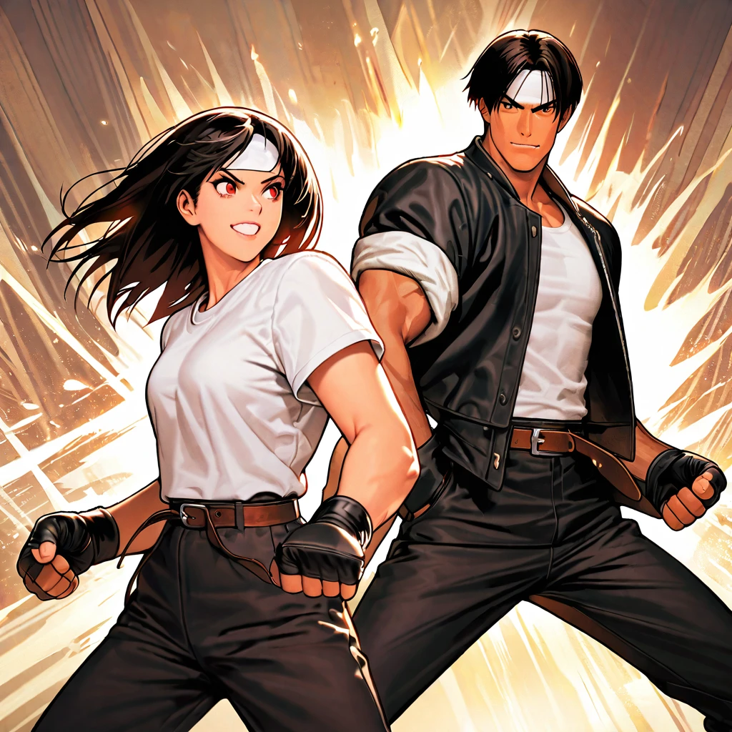 Masterpiece, 2 people, man and woman before fight, one on one, highest quality, 8K, grinning at each other, fighting pose, fighting: 1. 5,(kyo kusanagi), man has dark skin, red eyes, alone, ((white headband)) two shot, black jacket (rolled up arms), fingerless gloves, black hair, white t-shirt, black pants , white shoes, brown belt, boyish, handsome, shot, charming, masterpiece, high resolution, detailed face, grainy, morning, confident grin, man and woman fighting against background of Arles amphitheater, loud cheers, same hair, same hair and clothes, angry face: 1. attack speed 5, fast attack, angry face, angry face